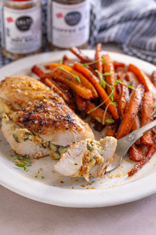 Spinach & Cheese Stuffed Chicken Breast with Roasted Carrots