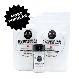 Product image showcasing various packaging options for Norwegian Flaky Sea Salt, including a shaker bottle, a resealable pouch, and bulk containers.