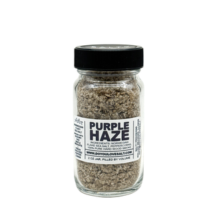 PREMIUM PURPLE HAZE SMOKED FLAKE SEA SALT - Cold smoked with maple, hickory, oak and mesquite hardwoods and fresh cracked Vietnamese peppercorns. 2 OZ GLASS JAR