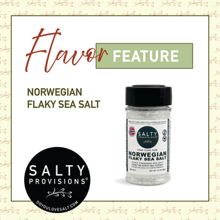 Jar of Norwegian flaky sea salt from Salty Provisions on a decorative background with text.