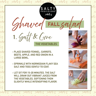 Salty Provisions recipe card for a shaved fall salad with preparation steps and images of hands cutting vegetables.