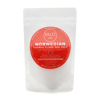 Norwegian Coarse Sea Salt - ONLY AVAILABLE IN 175g POUCH. Fresh, crisp Flaky Sea Salt hand-harvested from the Norwegian Sea. Brought to you by Salty Provisions