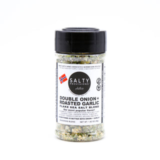 DOUBLE ONION + ROASTED GARLIC Infused Norwegian Flake Sea Salt Definitely our most popular flavor!!! Fresh, crisp Flake Sea Salt hand-harvested from the Norwegian Sea, infused with California Garlic & our amazingly flavorful double onion blend.