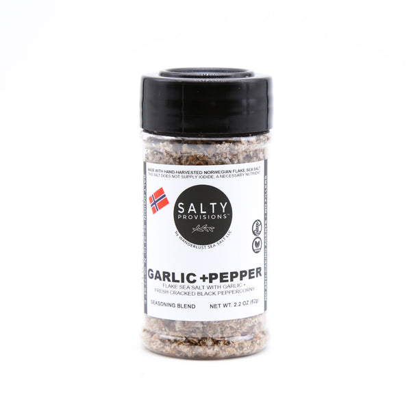 GARLIC + PEPPER made with Garlic Infused Norwegian Flake Sea Salt and Fresh Cracked Peppercorns
