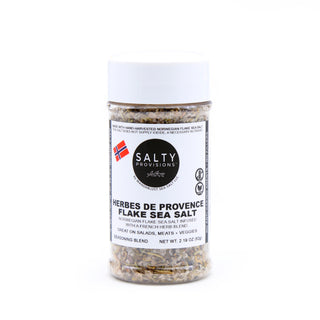 Salty Provisions Fresh, crisp Flake Sea Salt hand-harvested from the Norwegian Sea, is blended with traditional French flavors including thyme, lavender flowers, rosemary, marjoram, fennel seed, savory, basil.