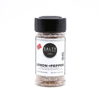A shaker bottle labeled 'Lemon & Pepper' infused sea salt, made for you by Salty Provisions.