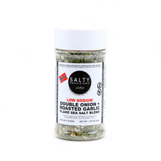 A bottle of Low Sodium Double Onion + Roasted Garlic Flake Sea Salt. Made for you by Salty Provisions.