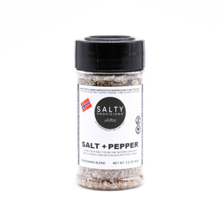 SALT + PEPPER made with Norwegian Flake Sea Salt and Fresh Cracked Black Peppercorns. Made for you by Salty Provisions.
