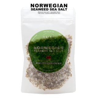 Packaging of Norwegian Seaweed Sea Salt with visible flaky sea salt crystals made by Salty Provisions.