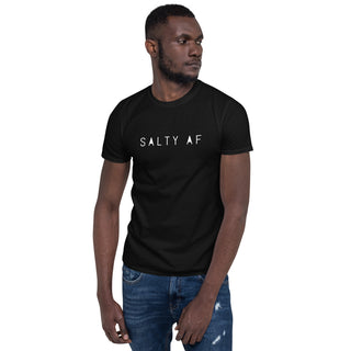 This is the front view of a unisex tshirt writen with"SaltyAF" on the front.