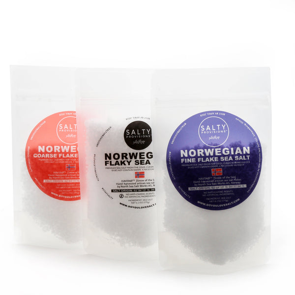 Norwegian Flake Sea Salt Trio - 3 pouches including Fine, Coarse, Flake Finishing Sea Salt